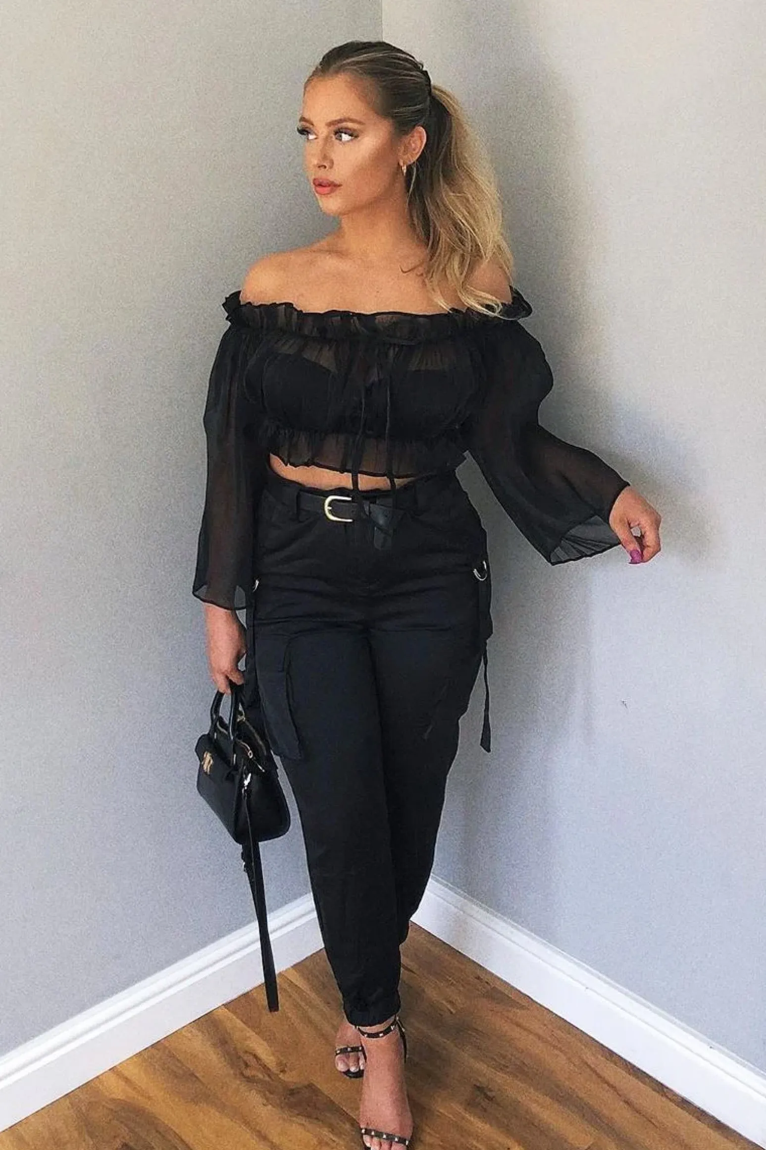 Rebellious Fashion Black Mesh Frill Bardot Top - Rowe