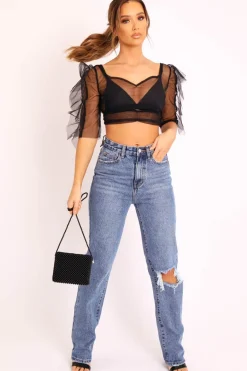 Rebellious Fashion Black Mesh Frill Sleeve Plunge Crop Top - Faythe