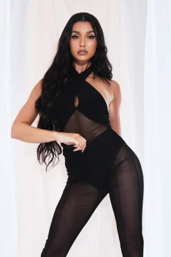 Rebellious Fashion Black Mesh Halter Neck Bodysuit - Christa