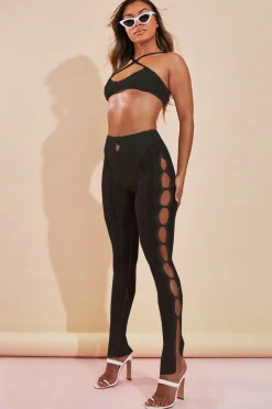 Rebellious Fashion Black Mesh Halter Neck Crop Top & Cut Out Leggings - Fara