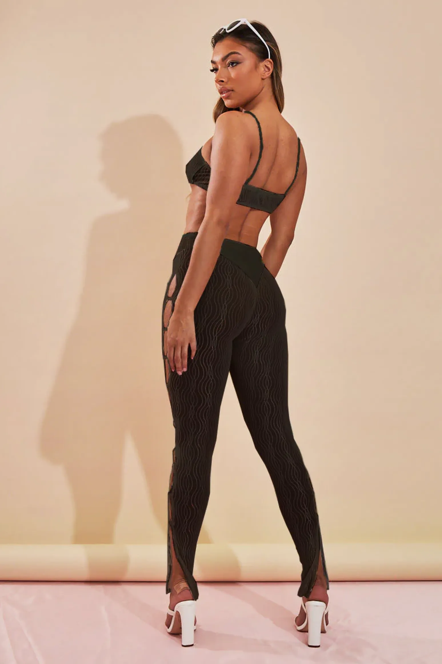 Rebellious Fashion Black Mesh Halter Neck Crop Top & Cut Out Leggings - Fara