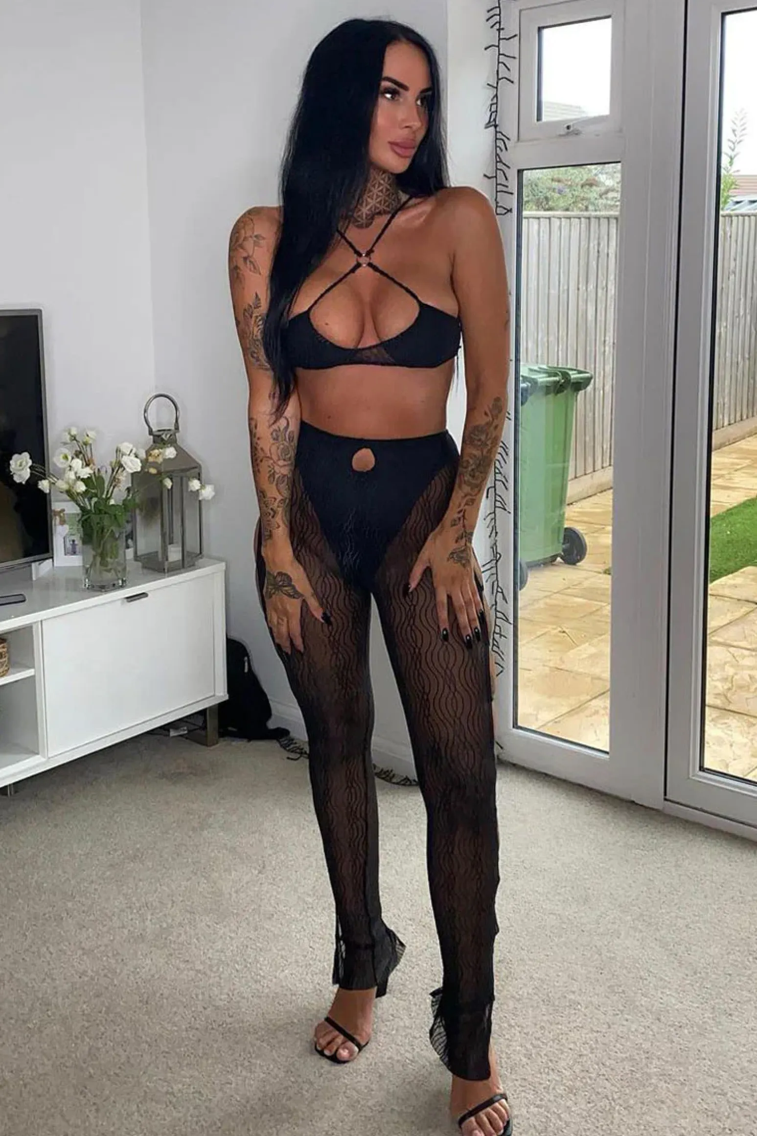 Rebellious Fashion Black Mesh Halter Neck Crop Top & Cut Out Leggings - Fara