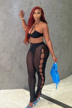 Rebellious Fashion Black Mesh Halter Neck Crop Top & Cut Out Leggings - Fara