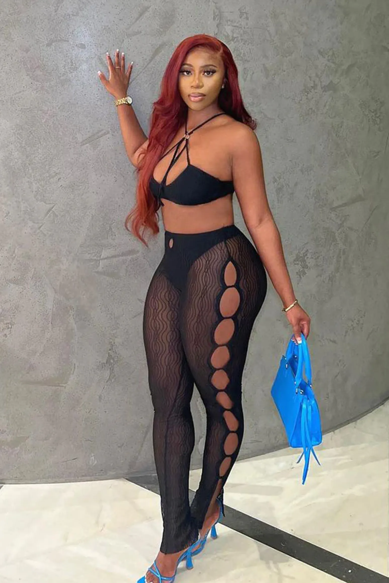 Rebellious Fashion Black Mesh Halter Neck Crop Top & Cut Out Leggings - Fara