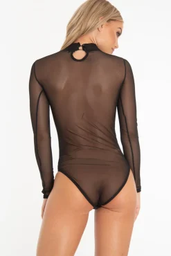 Rebellious Fashion Black Mesh High Neck Long Sleeve Bodysuit - Kimora