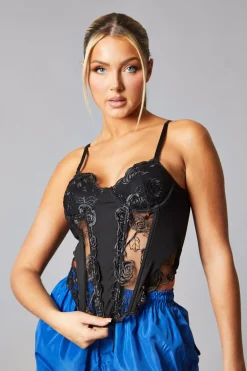 Rebellious Fashion Black Mesh Lace Floral Embroidered Corset Detail Top - Takara