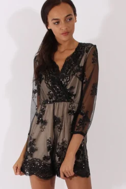 Rebellious Fashion Black Mesh Layer Sequin Playsuit - Rowan