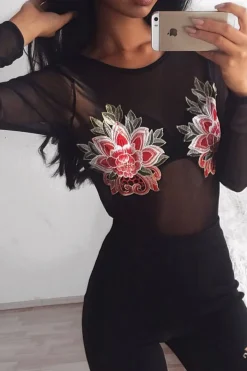 Rebellious Fashion Black Mesh Long Sleeved Embroidered Bodysuit - Bonnie