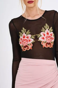 Rebellious Fashion Black Mesh Long Sleeved Embroidered Bodysuit - Bonnie