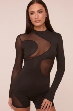 Rebellious Fashion Black Mesh Panel High Neck Long Sleeves Playsuit - Adelaine