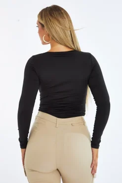 Rebellious Fashion Black Mesh Panel Long Sleeve Bodysuit - Luna