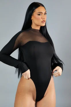 Rebellious Fashion Black Mesh Panel Long Sleeve Bodysuit - Dimitra