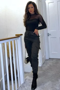 Rebellious Fashion Black Mesh Panel Long Sleeve Bodysuit - Dimitra