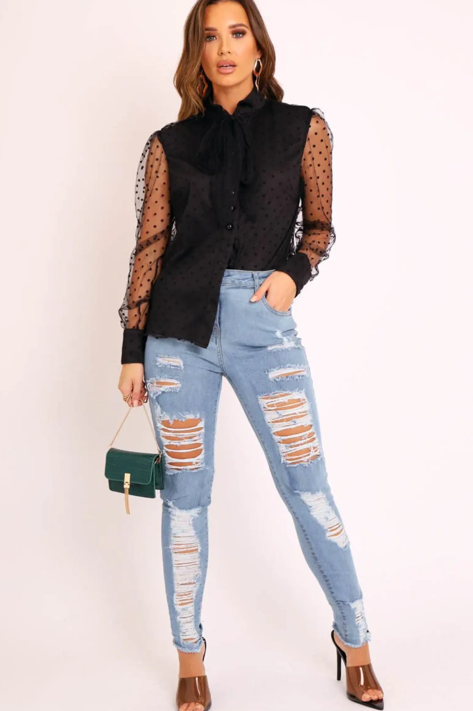 Rebellious Fashion Black Mesh Polka Tie Detail Shirt - Vylette