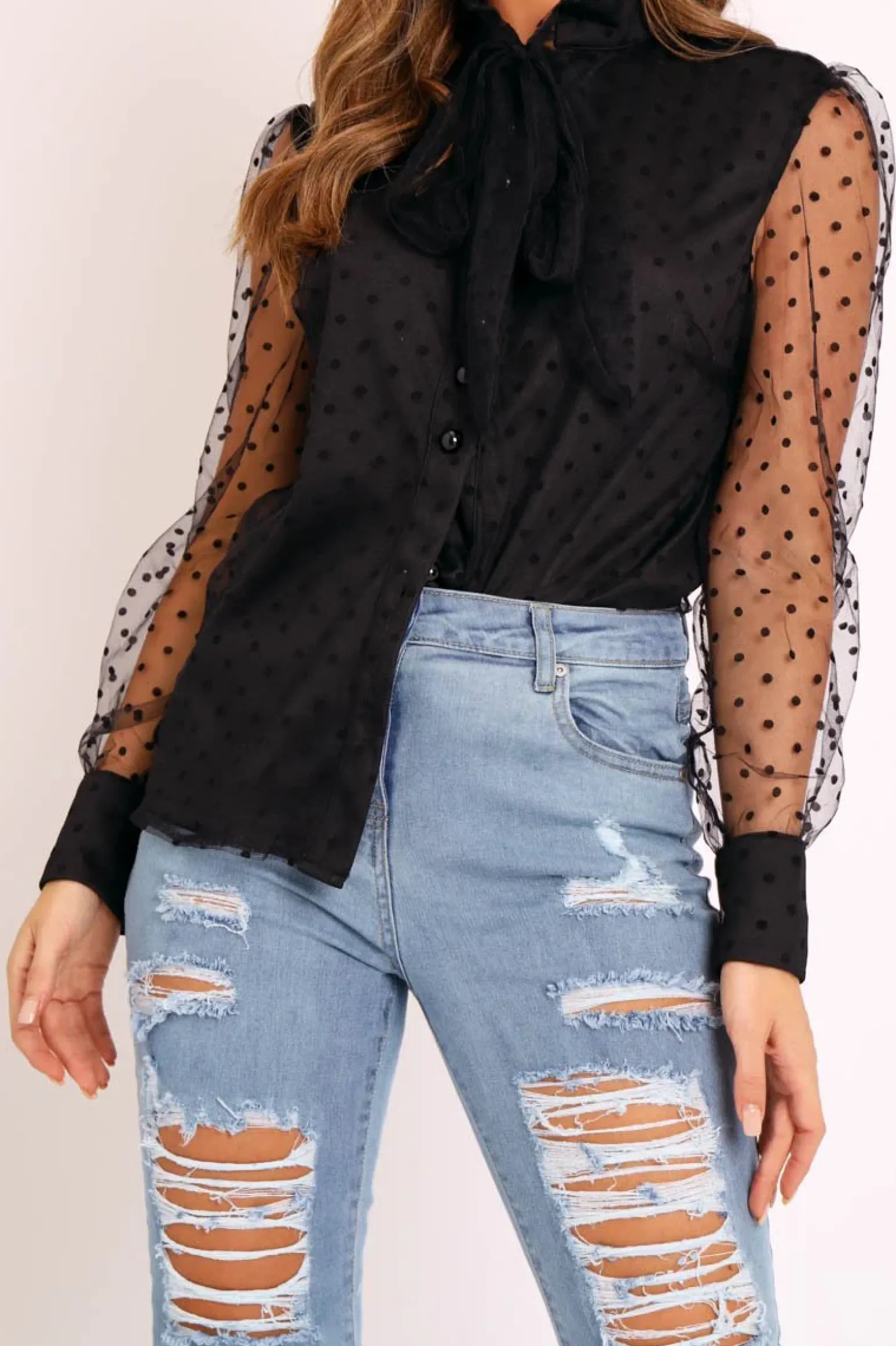Rebellious Fashion Black Mesh Polka Tie Detail Shirt - Vylette