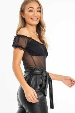 Rebellious Fashion Black Mesh Puff Sleeve Tie Front Bodysuit - Suki