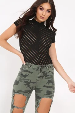 Rebellious Fashion Black Mesh Ribbed Short Sleeved Bodysuit - Shai