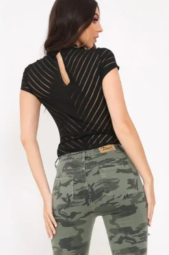 Rebellious Fashion Black Mesh Ribbed Short Sleeved Bodysuit - Shai