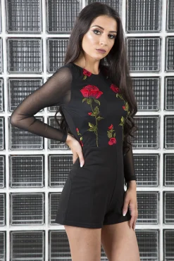 Rebellious Fashion Black Mesh Rose Embroidered Playsuit - Mia