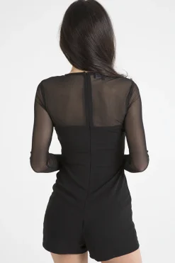 Rebellious Fashion Black Mesh Rose Embroidered Playsuit - Mia
