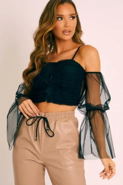 Rebellious Fashion Black Mesh Ruched Button Front Crop Top - Tula