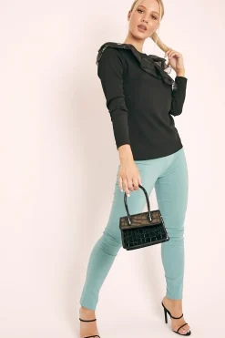 Rebellious Fashion Black Mesh Ruffle Front Long Sleeve Top - Kristen