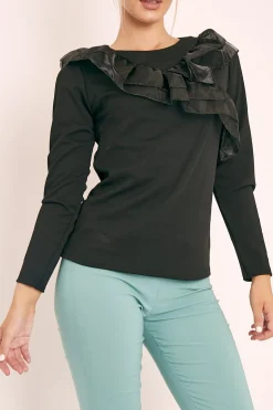 Rebellious Fashion Black Mesh Ruffle Front Long Sleeve Top - Kristen