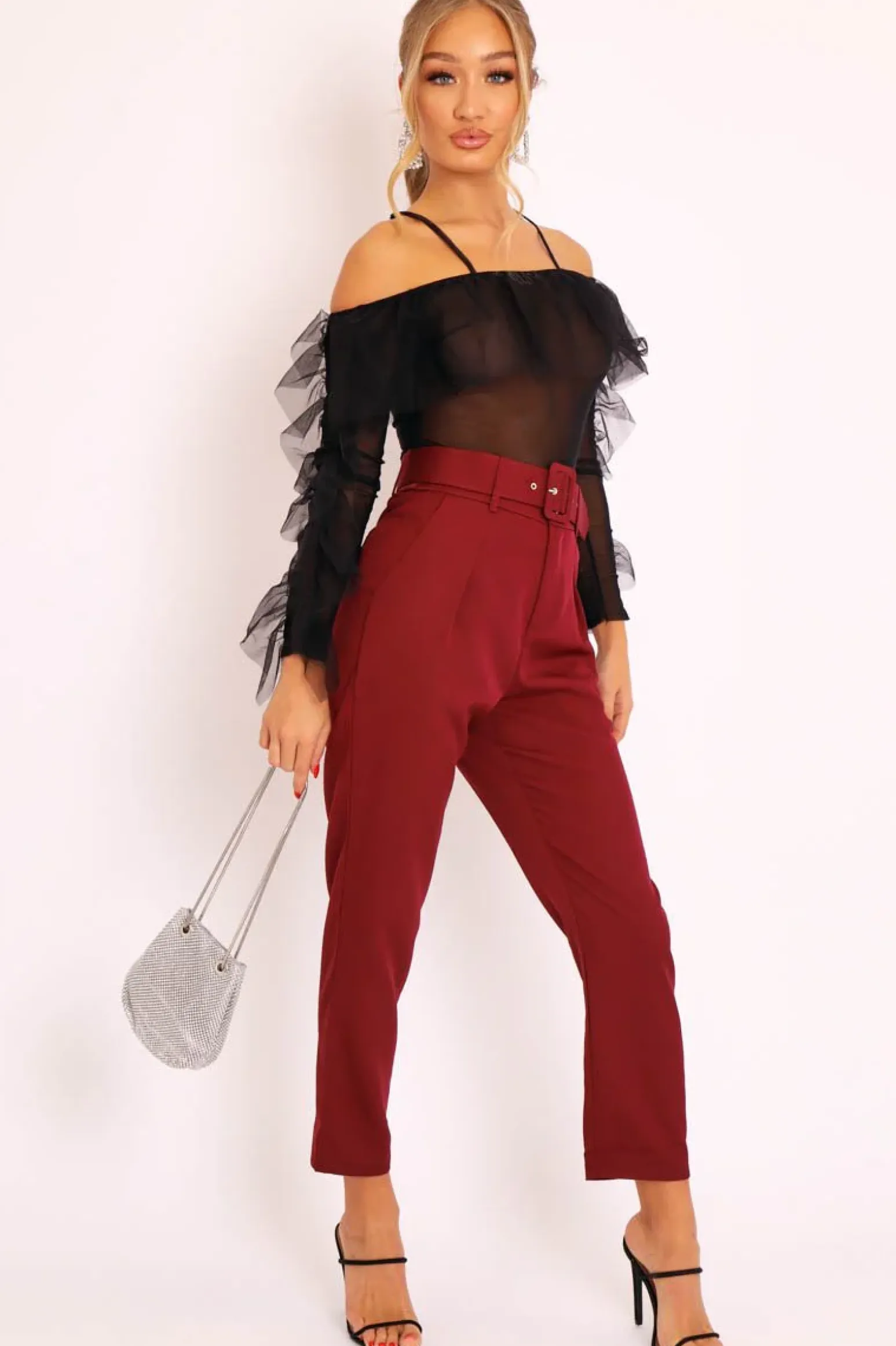 Rebellious Fashion Black Mesh Ruffle Sleeve Bardot Crop Top - Amber