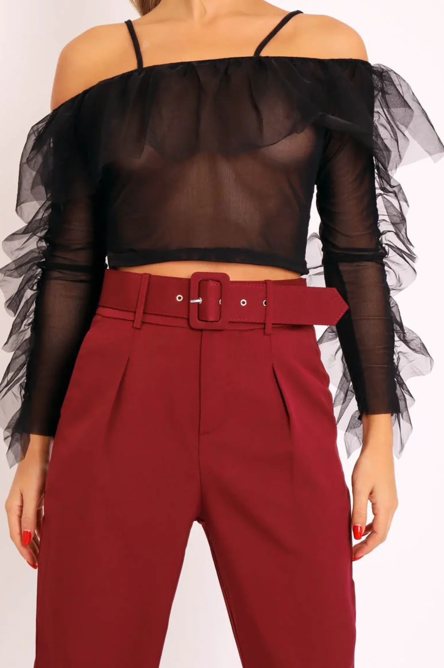 Rebellious Fashion Black Mesh Ruffle Sleeve Bardot Crop Top - Amber