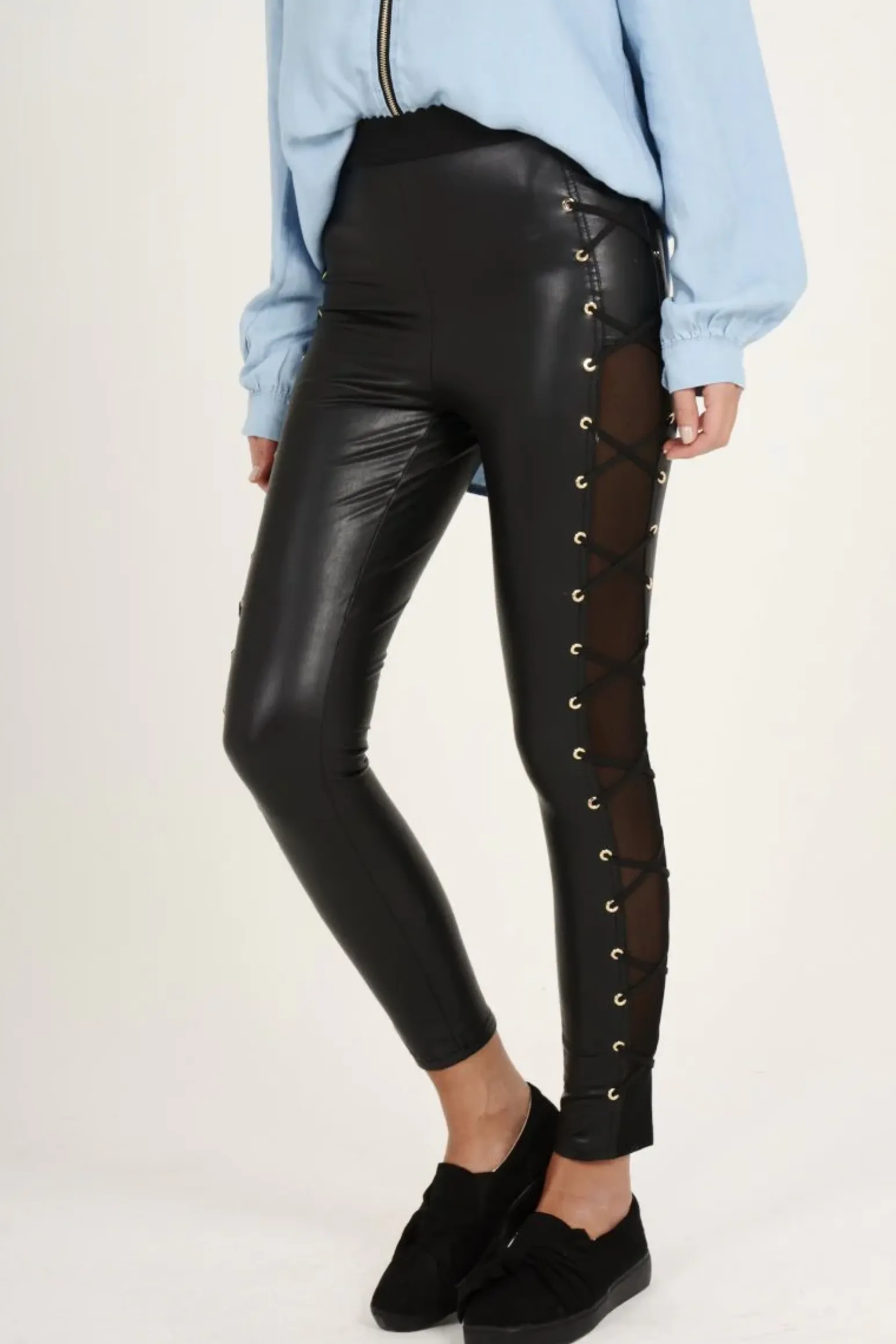 Rebellious Fashion Black Mesh Sides Wet look Leggings - Alana