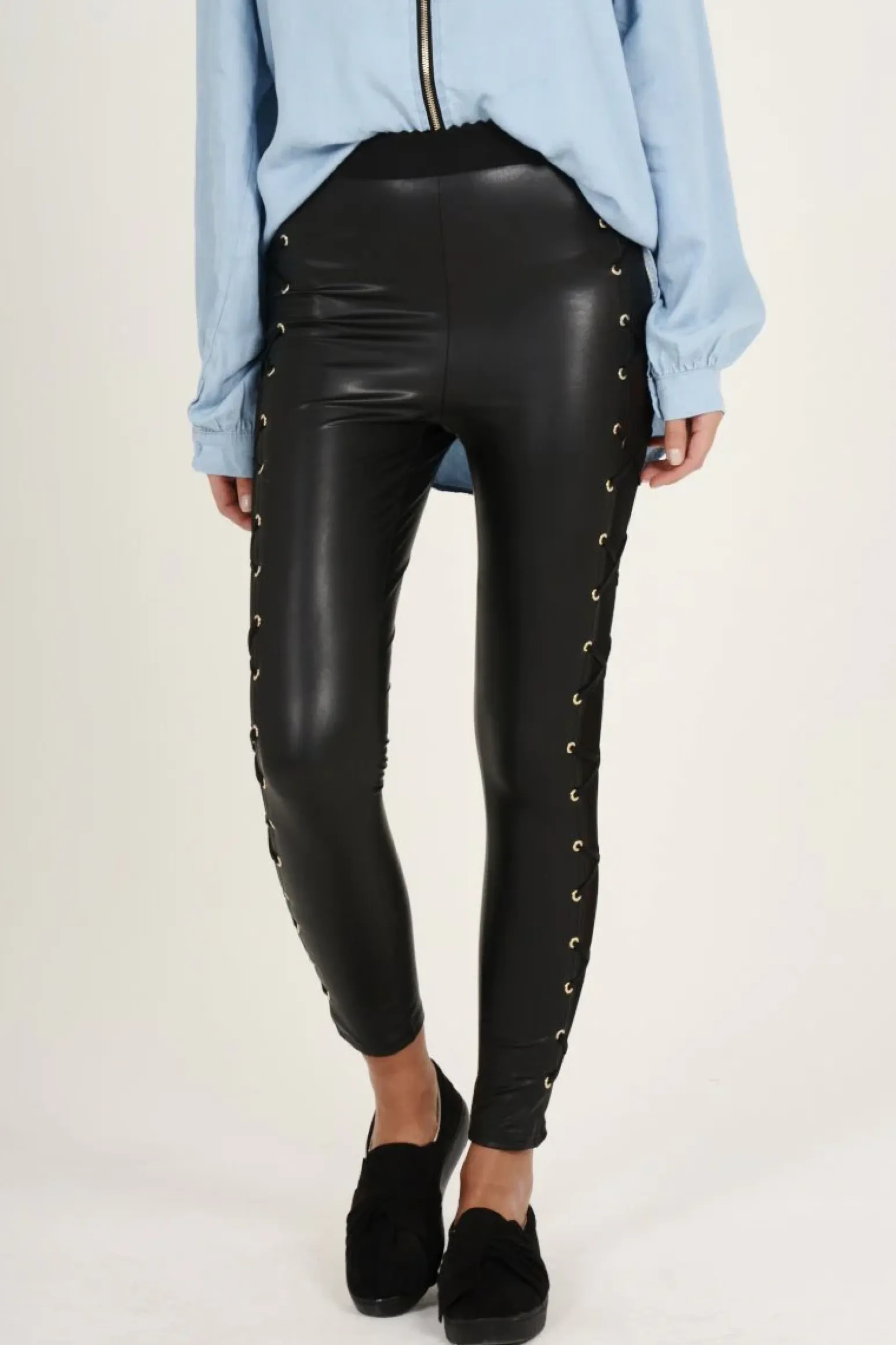 Rebellious Fashion Black Mesh Sides Wet look Leggings - Alana