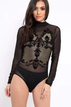Rebellious Fashion Black Mesh Velvet Applique Gold Stud Bodysuit - Jordanna