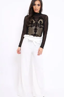 Rebellious Fashion Black Mesh Velvet Applique Gold Stud Bodysuit - Jordanna