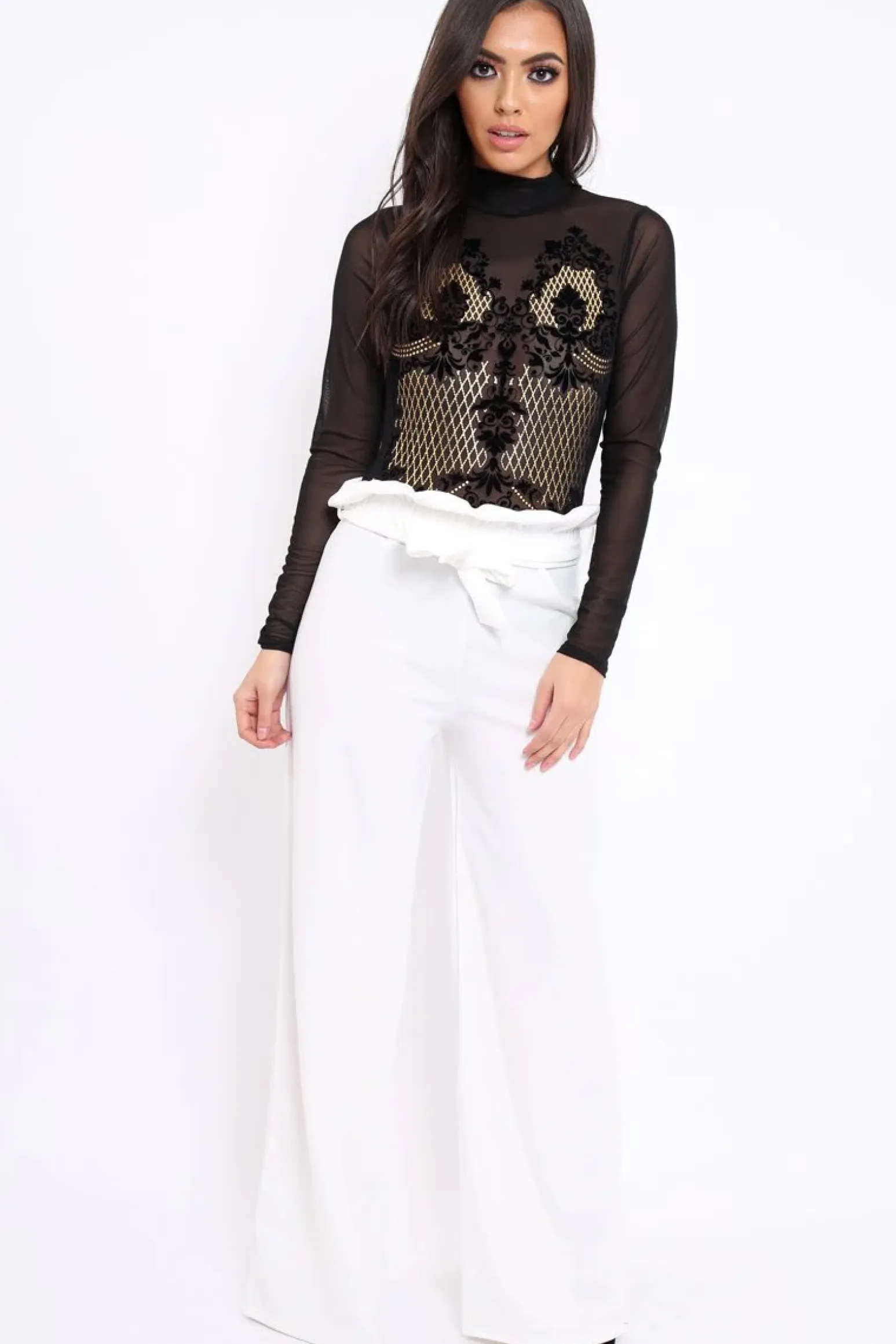 Rebellious Fashion Black Mesh Velvet Applique Gold Stud Bodysuit - Jordanna