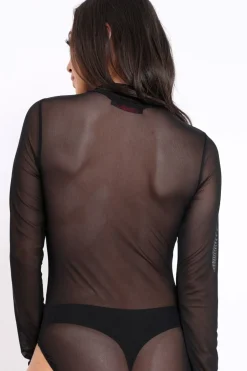 Rebellious Fashion Black Mesh Velvet Applique Gold Stud Bodysuit - Jordanna