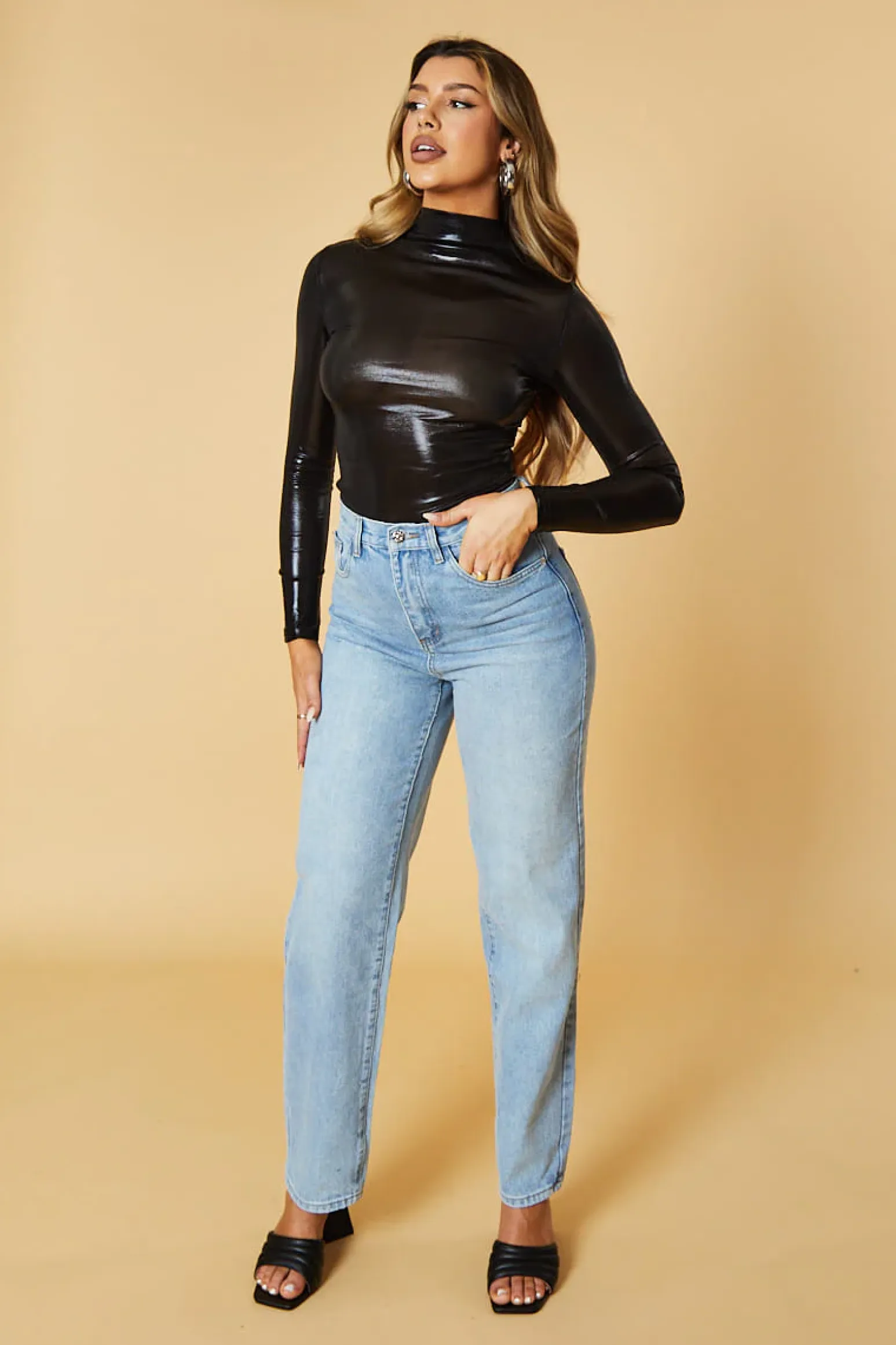 Rebellious Fashion Black Metallic High Neck Long sleeve Top - Maho