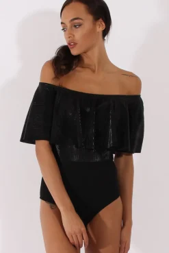 Rebellious Fashion Black Metallic Pleated Bardot Bodysuit - Aubree