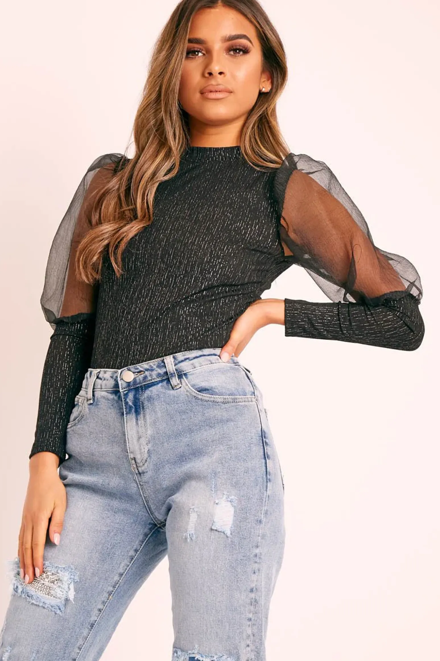 Rebellious Fashion Black Metallic Puff Sleeve High Neck Top - Blaike