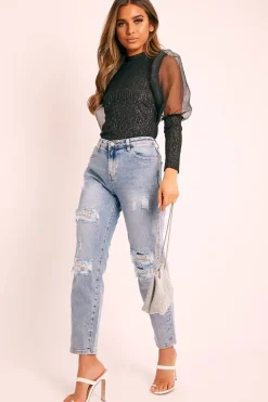 Rebellious Fashion Black Metallic Puff Sleeve High Neck Top - Blaike
