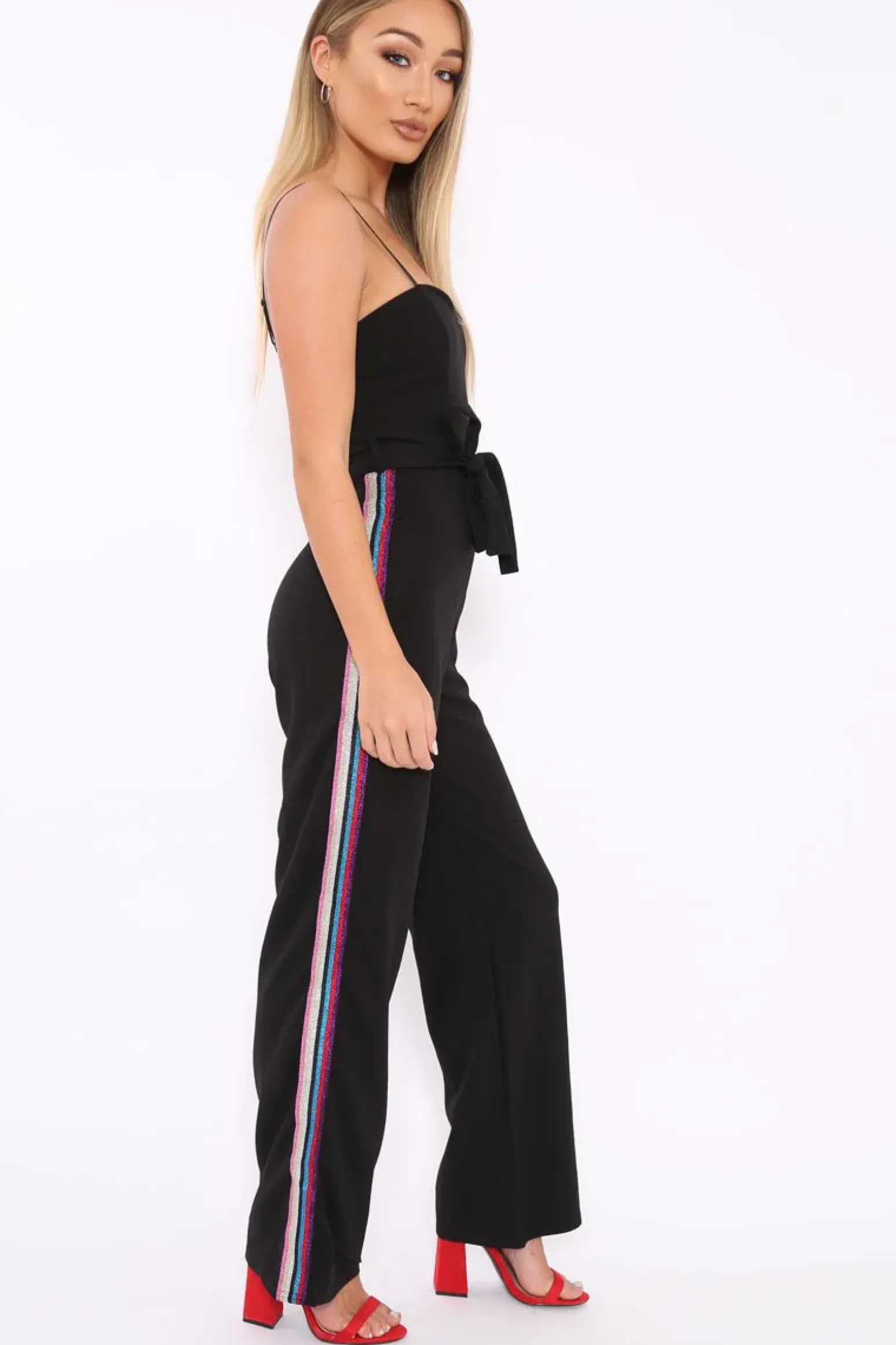 Rebellious Fashion Black Metallic Rainbow Stripe Jumpsuit - Jinora