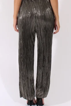 Rebellious Fashion Black Metallic Shimmer Pleated High Waisted Trousers - Phoebe