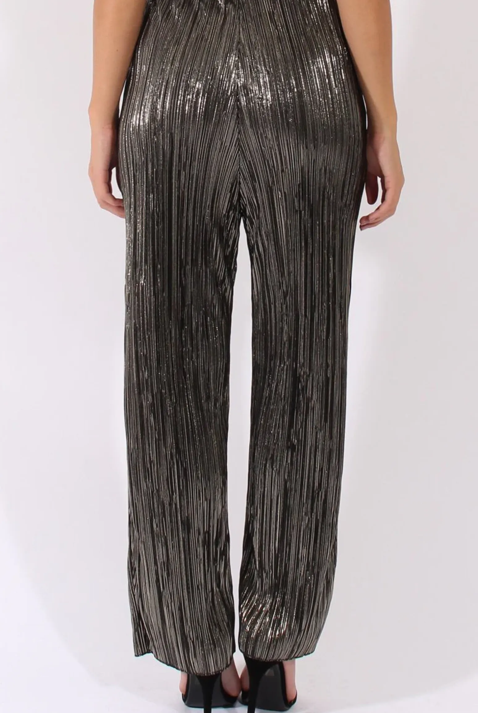 Rebellious Fashion Black Metallic Shimmer Pleated High Waisted Trousers - Phoebe