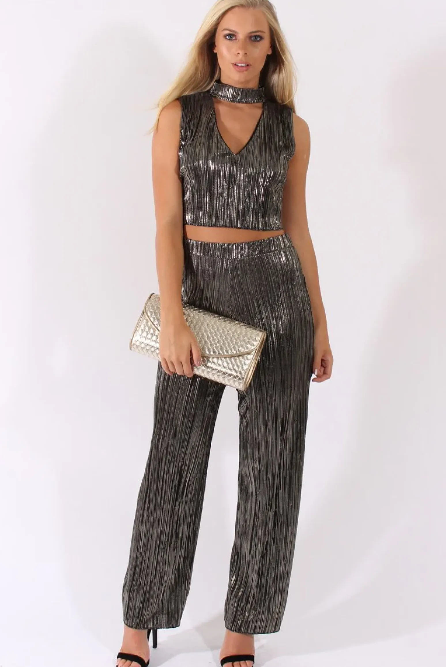 Rebellious Fashion Black Metallic Shimmer Pleated High Neck Cut Out Crop Top - Polly