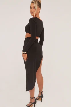 Rebellious Fashion Black Metal Trim Cropped Top & Asymmetric Midi Skirt - Alhana