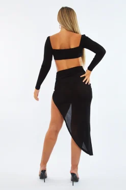 Rebellious Fashion Black Metal Trim Crop Top & Side Slit Midi Skirt Set - Nysa