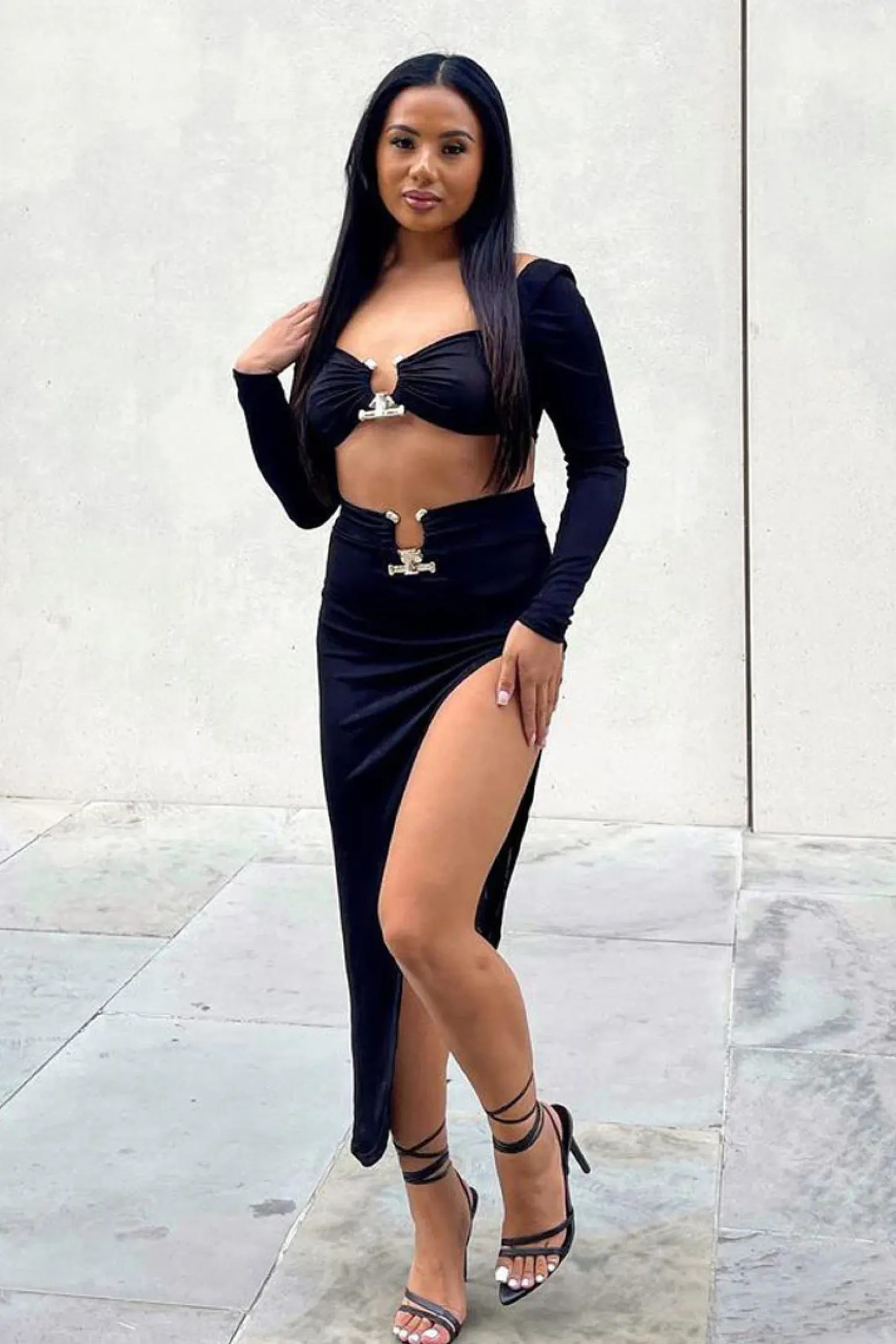 Rebellious Fashion Black Metal Trim Crop Top & Side Slit Midi Skirt Set - Nysa