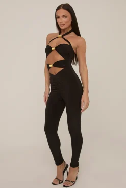 Rebellious Fashion Black Metal Trim Cut Out Detail Jumpsuit - Kitty