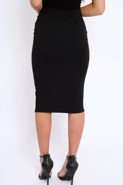 Rebellious Fashion Black Midi Bodycon Skirt with Button Detailing - Yasmina