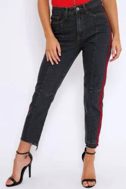 Rebellious Fashion Black Mid Wash Seam Red Side Stripe Mom Jeans - Meili