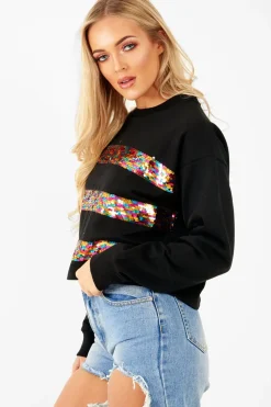 Rebellious Fashion Black Multi Sequin Stripe Sweatshirt - Nadina